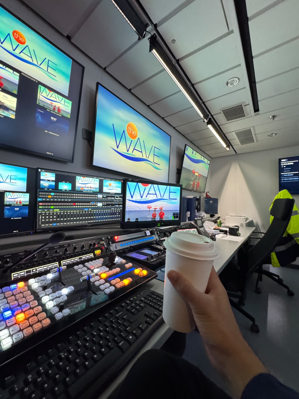 Broadcast centre multi-view monitor wall with The Wave on screen