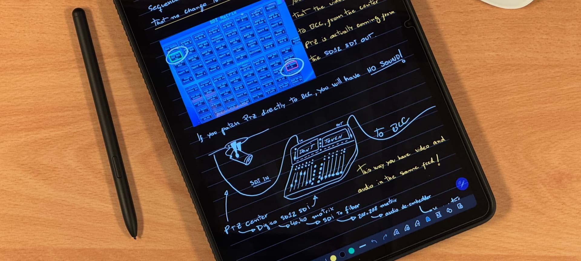 Broadcast workflow notes and technical diagrams on a tablet